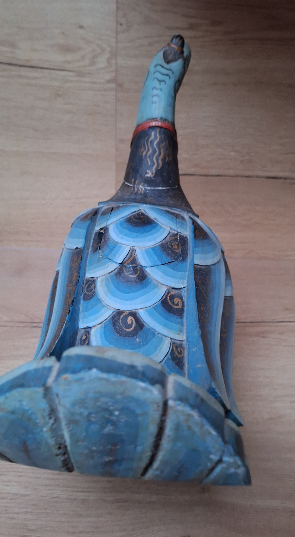 Statue Paon Balinais Vintage en Bois Polychrome - Gardien de Temple Indonésien Sculpté Main - Art Folklorique d'Asie - 33cm