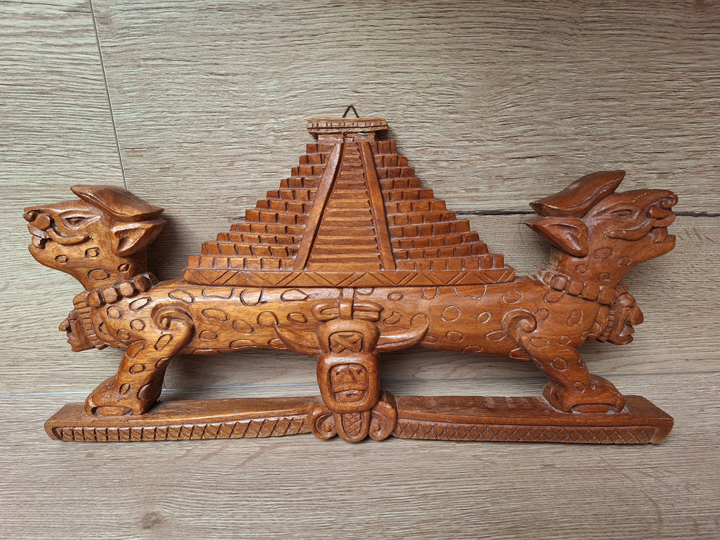 Sculpture Temple aux Jaguars – Bois sculpté – Art maya du Yucatán, Mexique – 42 cm