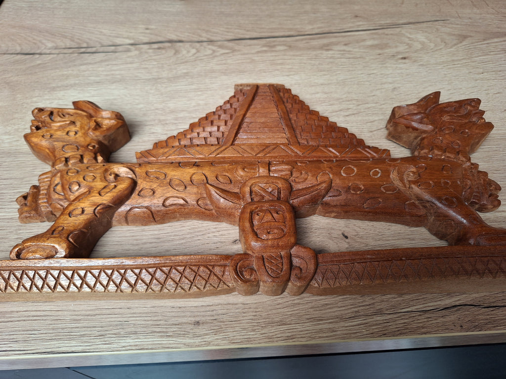 Sculpture Temple aux Jaguars – Bois sculpté – Art maya du Yucatán, Mexique – 42 cm