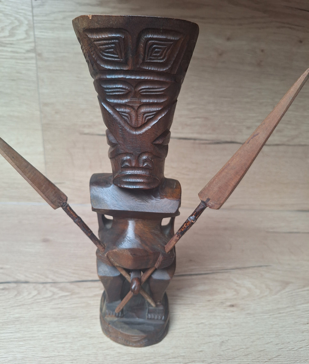 Couple de Tiki polynésiens en bois sculpté – Homme & Femme – Art des îles du Pacifique – 30 cm