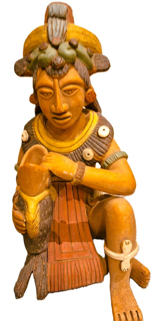 Grande statuette Maya polychrome – Dignitaire à l’offrande – Atelier Arcia – 22cm