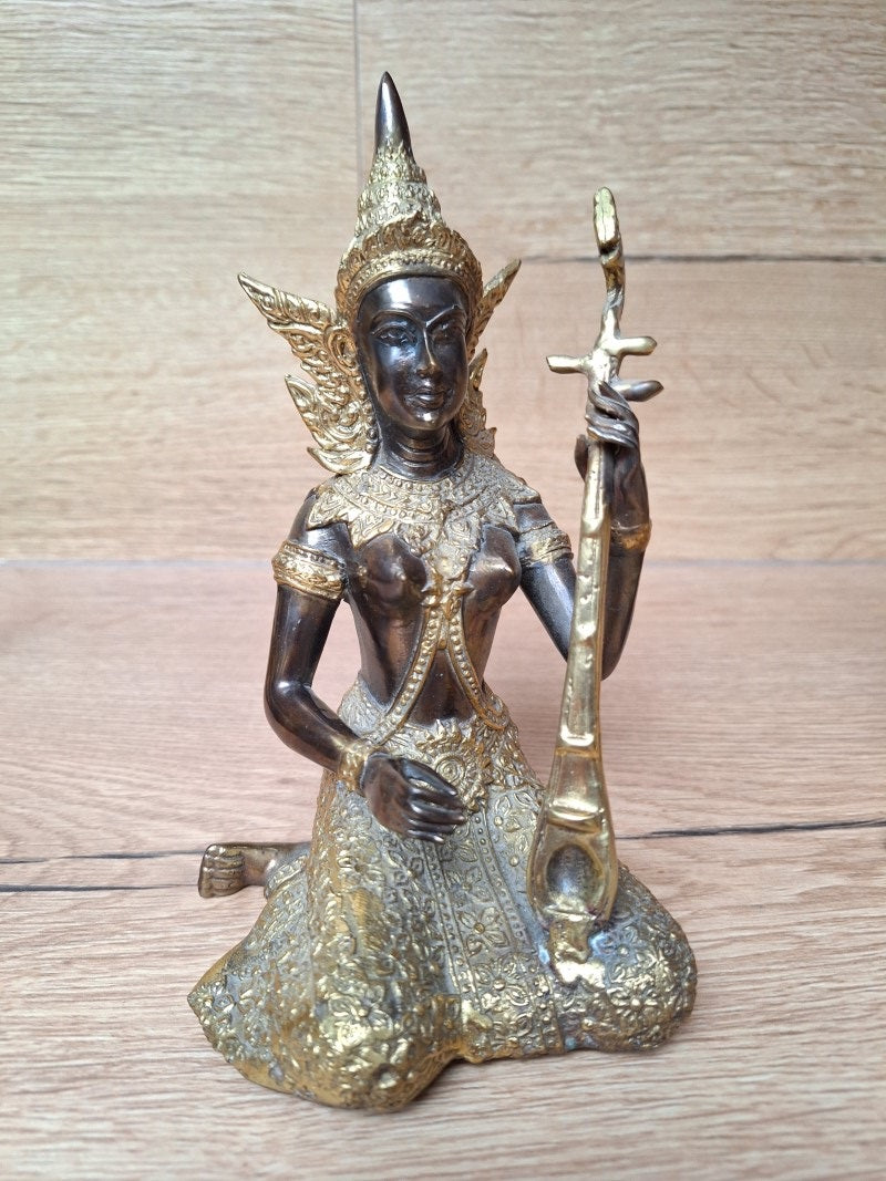 Couple de musiciennes célestes thaïlandaises – Bronze et laiton doré – Gandharvas – 18 cm
