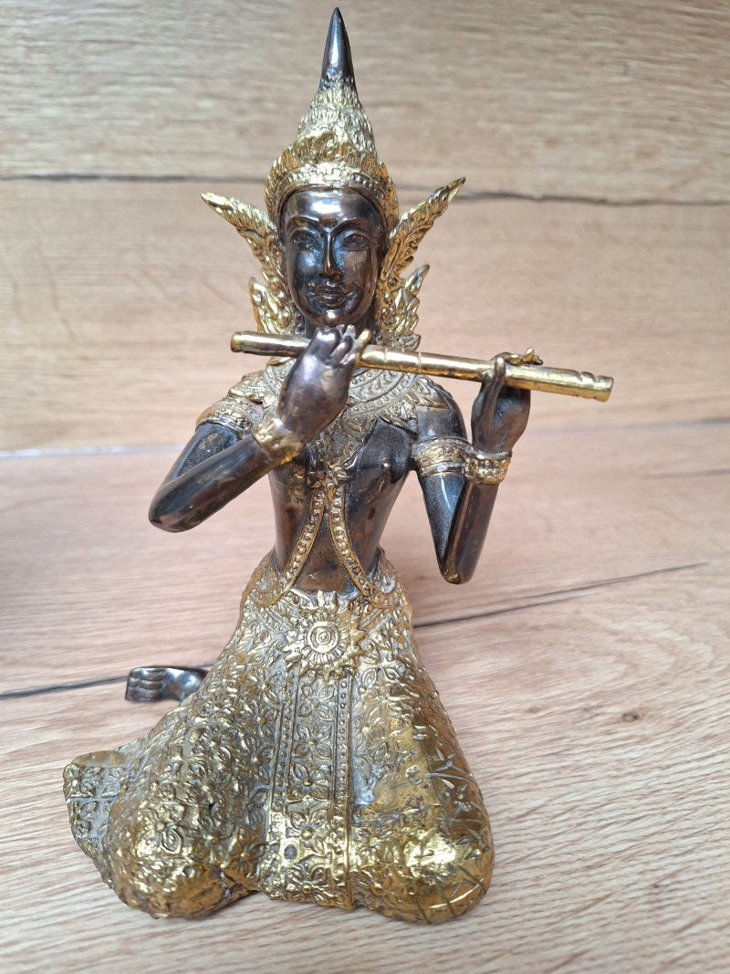 Couple de musiciennes célestes thaïlandaises – Bronze et laiton doré – Gandharvas – 18 cm