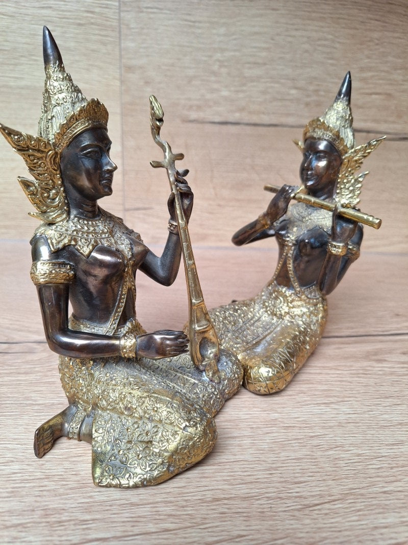 Couple de musiciennes célestes thaïlandaises – Bronze et laiton doré – Gandharvas – 18 cm