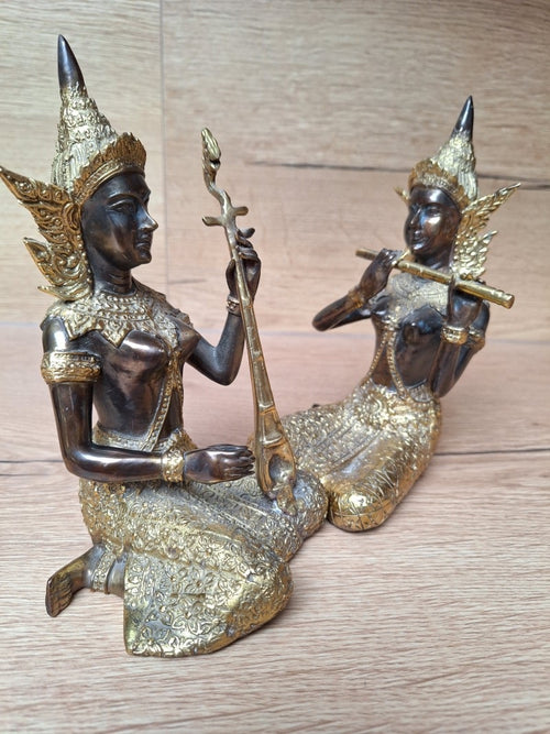 Couple de musiciennes célestes thaïlandaises – Bronze et laiton doré – Gandharvas – 18 cm