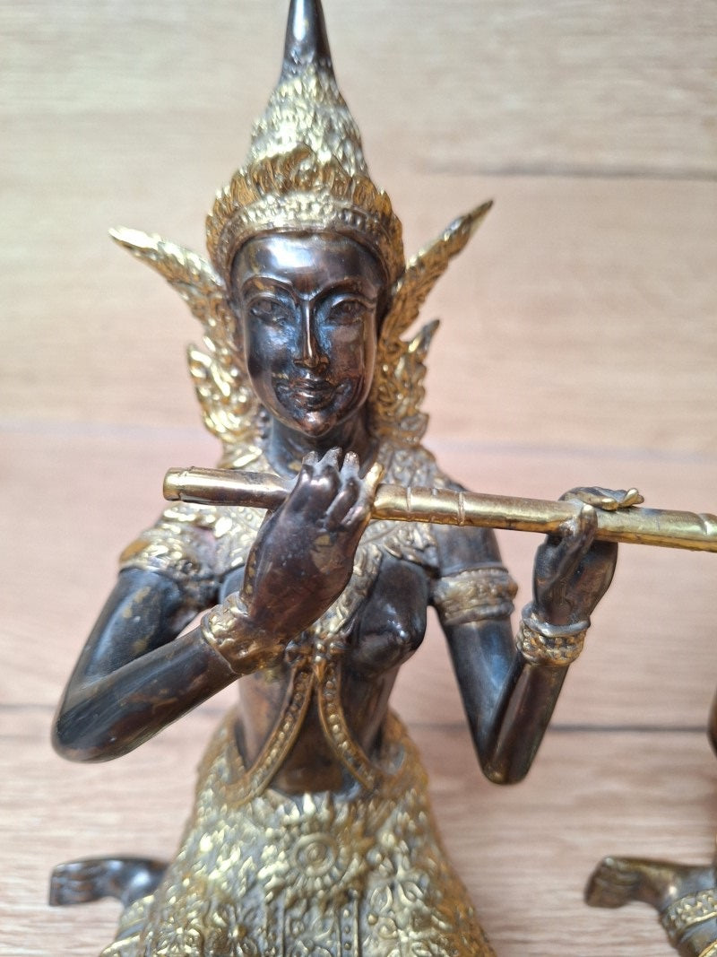 Couple de musiciennes célestes thaïlandaises – Bronze et laiton doré – Gandharvas – 18 cm