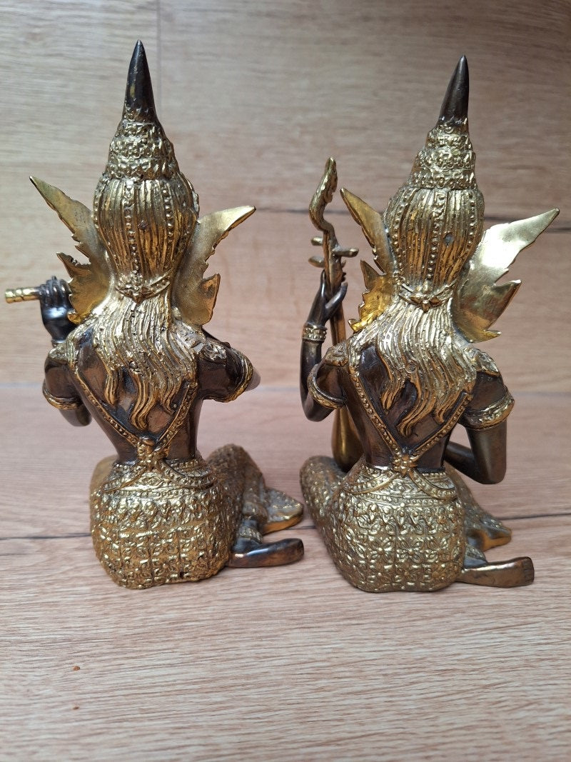 Couple de musiciennes célestes thaïlandaises – Bronze et laiton doré – Gandharvas – 18 cm