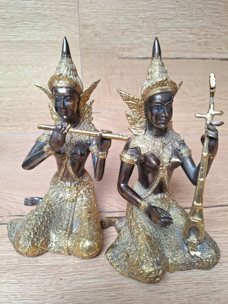 Couple de musiciennes célestes thaïlandaises – Bronze et laiton doré – Gandharvas – 18 cm
