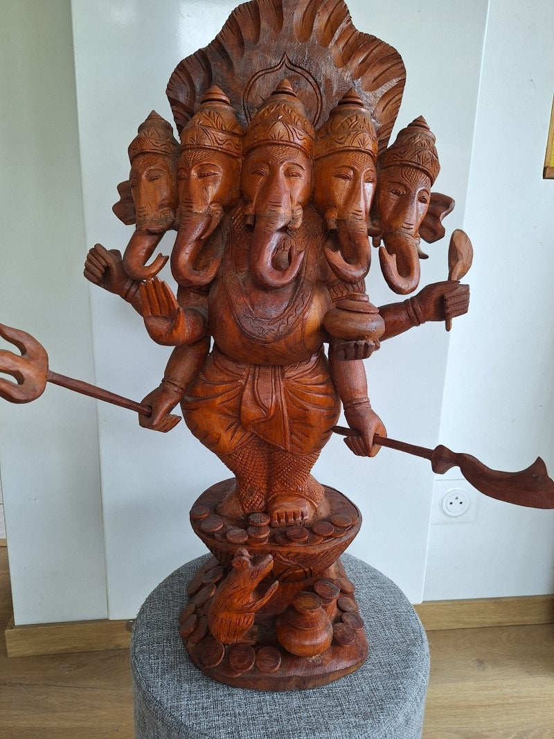 Grand Ganesh Panchamukhi à cinq visages – Sculpture en bois 65 cm – Inde