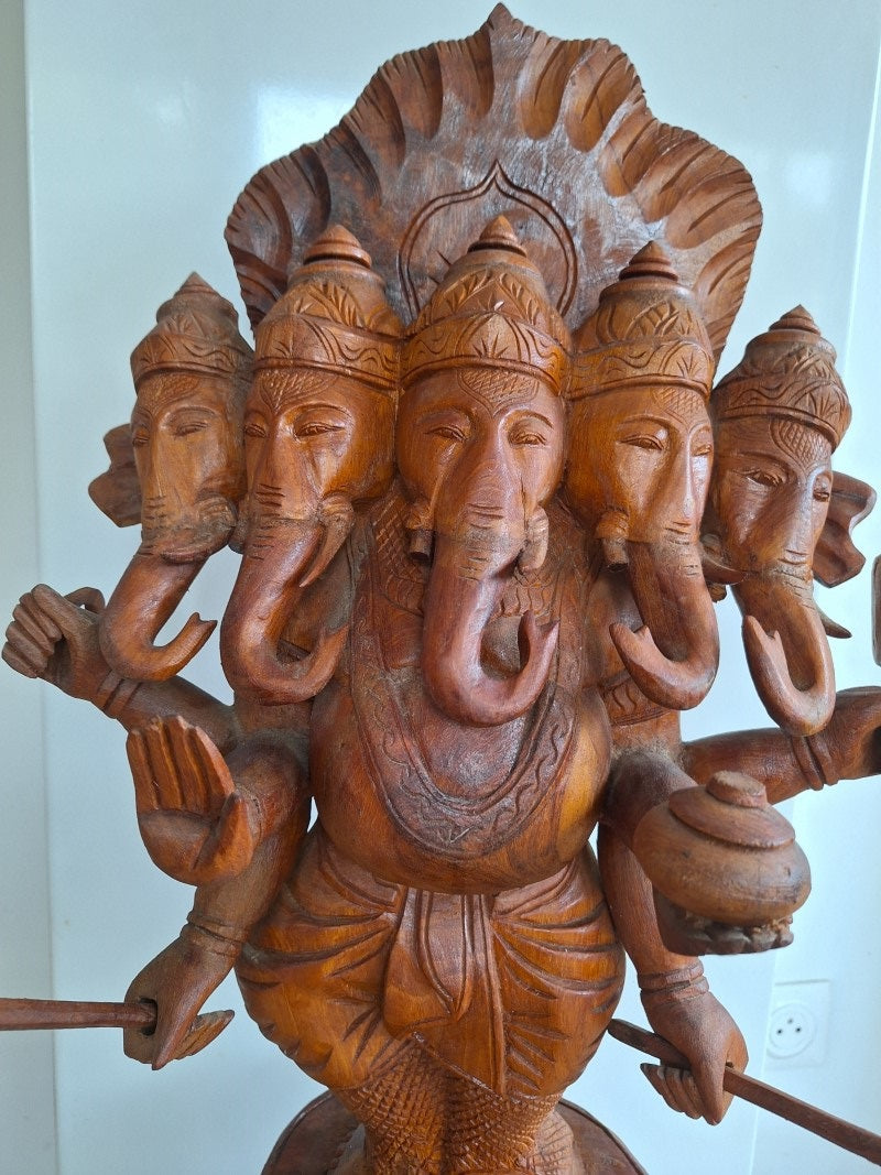 Grand Ganesh Panchamukhi à cinq visages – Sculpture en bois 65 cm – Inde