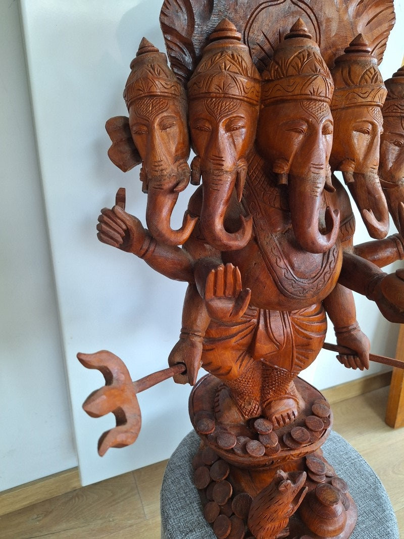 Grand Ganesh Panchamukhi à cinq visages – Sculpture en bois 65 cm – Inde