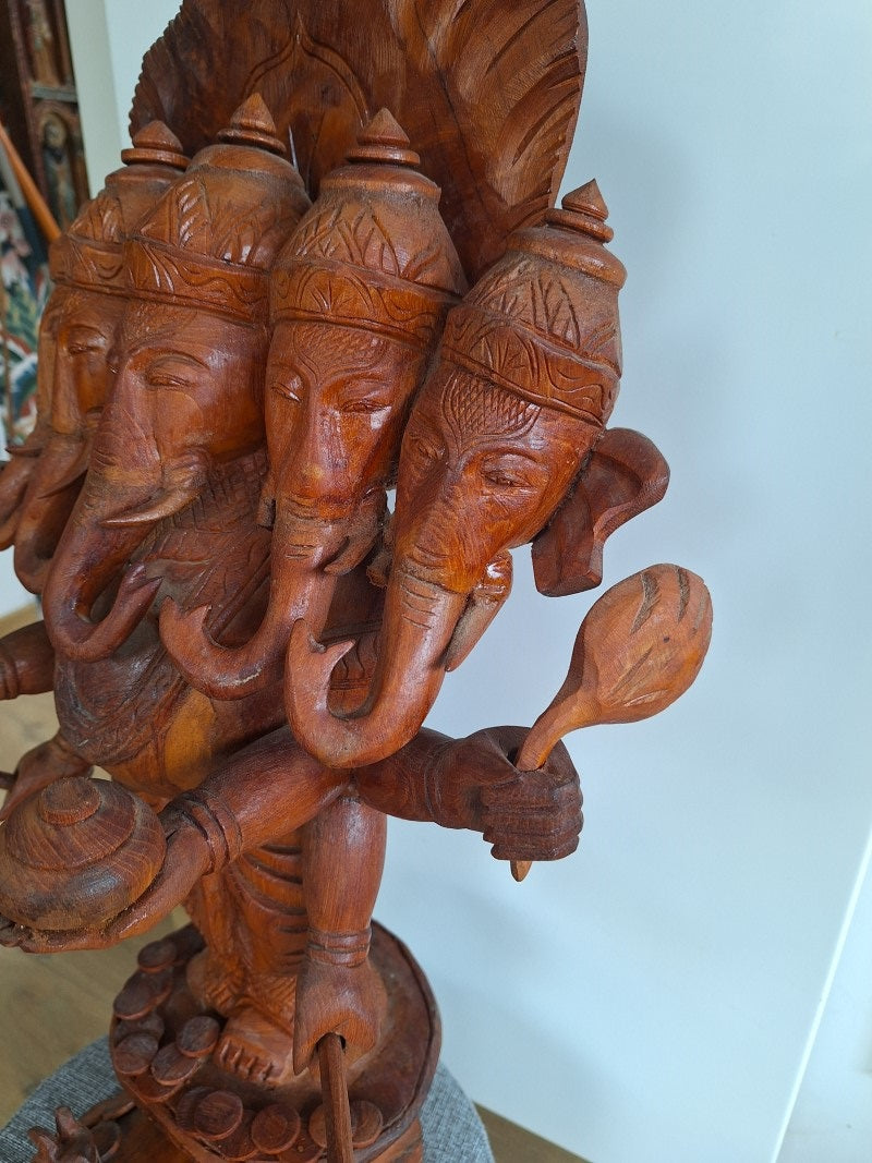 Grand Ganesh Panchamukhi à cinq visages – Sculpture en bois 65 cm – Inde