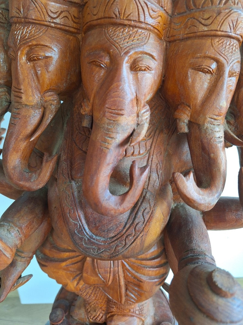 Grand Ganesh Panchamukhi à cinq visages – Sculpture en bois 65 cm – Inde