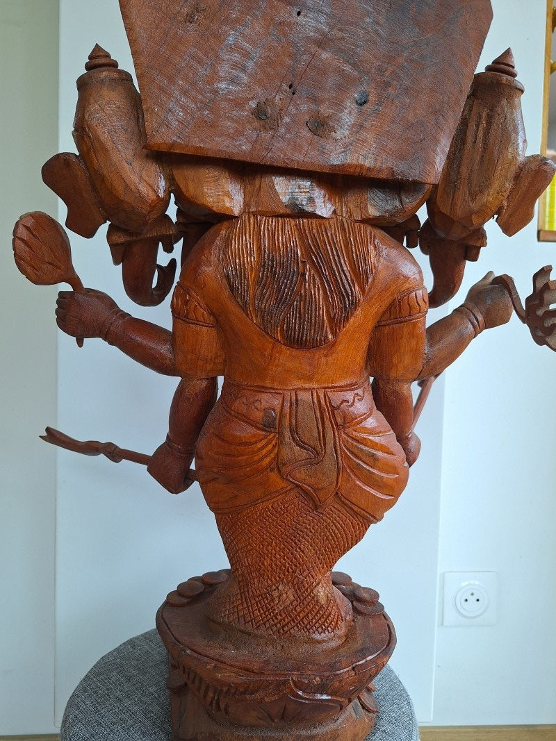 Grand Ganesh Panchamukhi à cinq visages – Sculpture en bois 65 cm – Inde