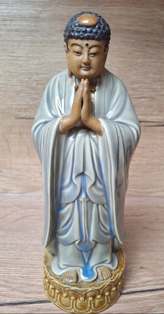 Statue de Bouddha en prière Anjali Mudra – Céramique émaillée vintage, Asie