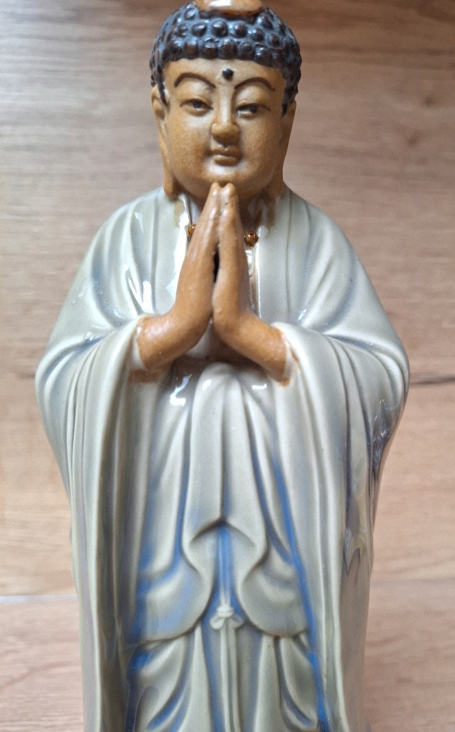 Statue de Bouddha en prière Anjali Mudra – Céramique émaillée vintage, Asie