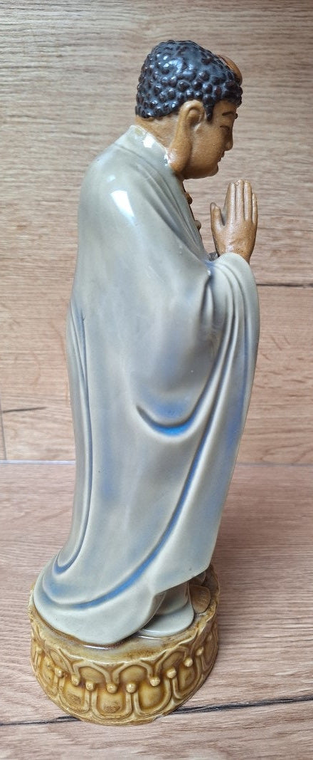 Statue de Bouddha en prière Anjali Mudra – Céramique émaillée vintage, Asie