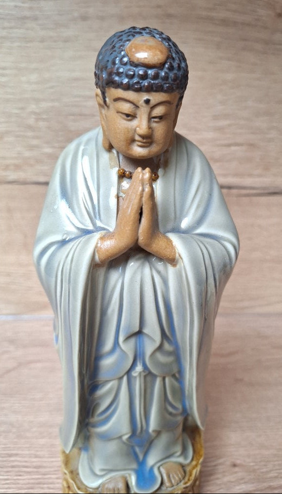 Statue de Bouddha en prière Anjali Mudra – Céramique émaillée vintage, Asie
