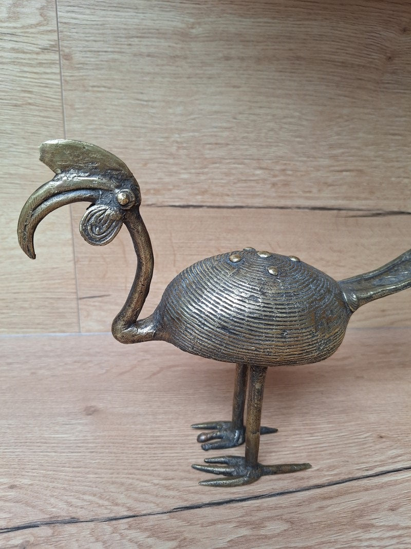 Grand calao africain en bronze ancien – Sculpture tribale Akan / Ashanti – 1,2 kg