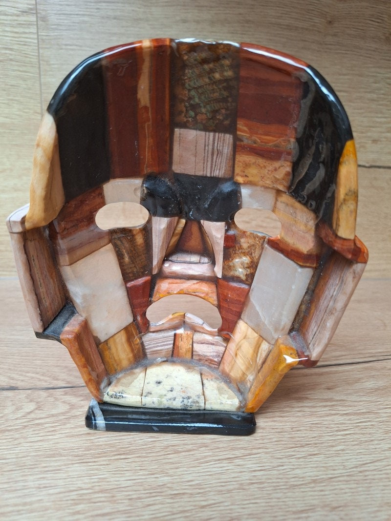 Masque mexicain en mosaïque de pierres naturelles & nacre – Inspiration Teotihuacan / Aztèque – 19 cm