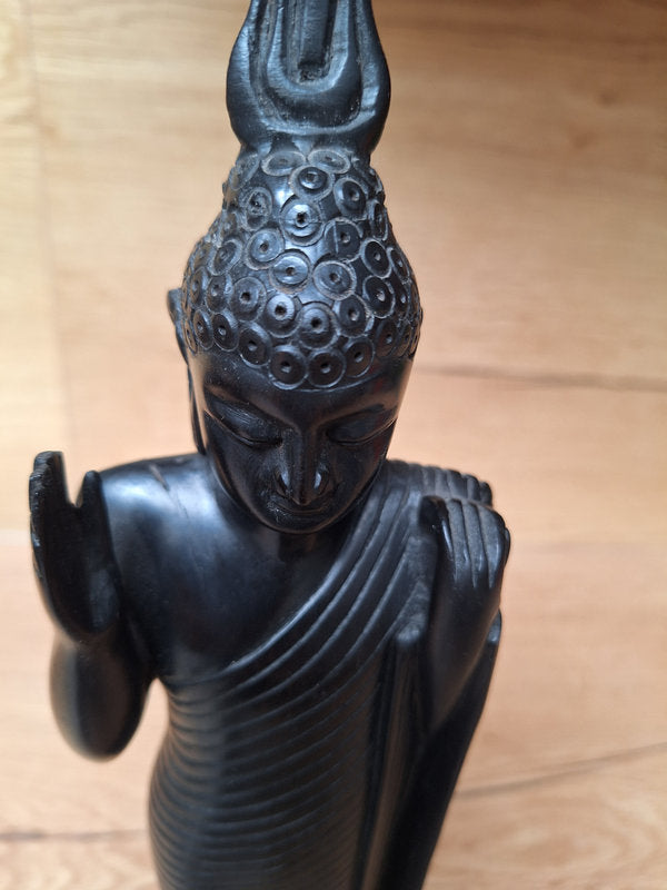 Statue Bouddha debout vintage en bois sculpté – Abhaya Mudra, Asie.