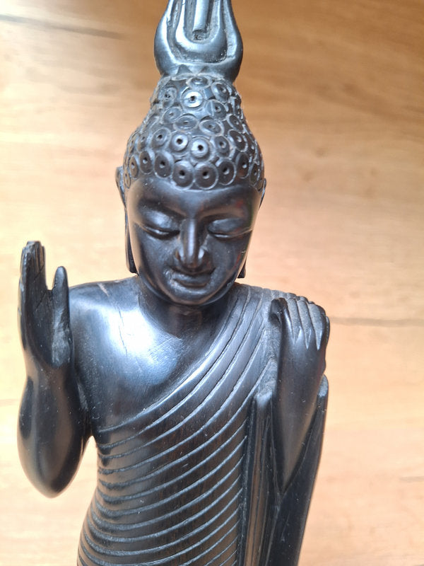 Statue Bouddha debout vintage en bois sculpté – Abhaya Mudra, Asie.