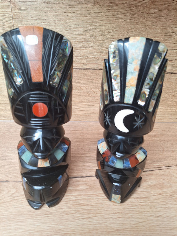 Duo Soleil & Lune en obsidienne – Sculptures mexicaines – Teotihuacán – 21 cm