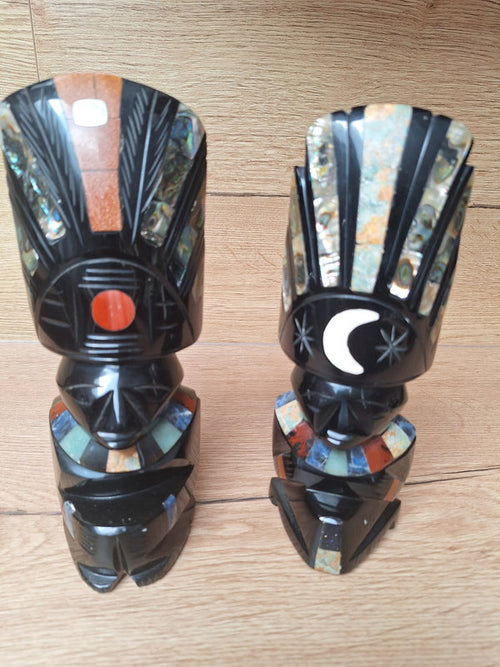 Duo Soleil & Lune en obsidienne – Sculptures mexicaines – Teotihuacán – 21 cm