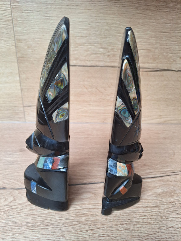 Duo Soleil & Lune en obsidienne – Sculptures mexicaines – Teotihuacán – 21 cm