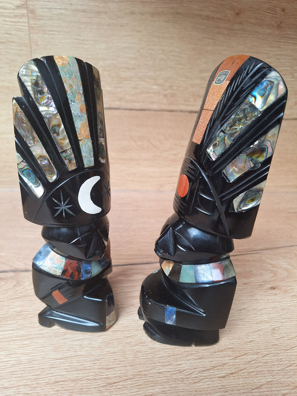 Duo Soleil & Lune en obsidienne – Sculptures mexicaines – Teotihuacán – 21 cm
