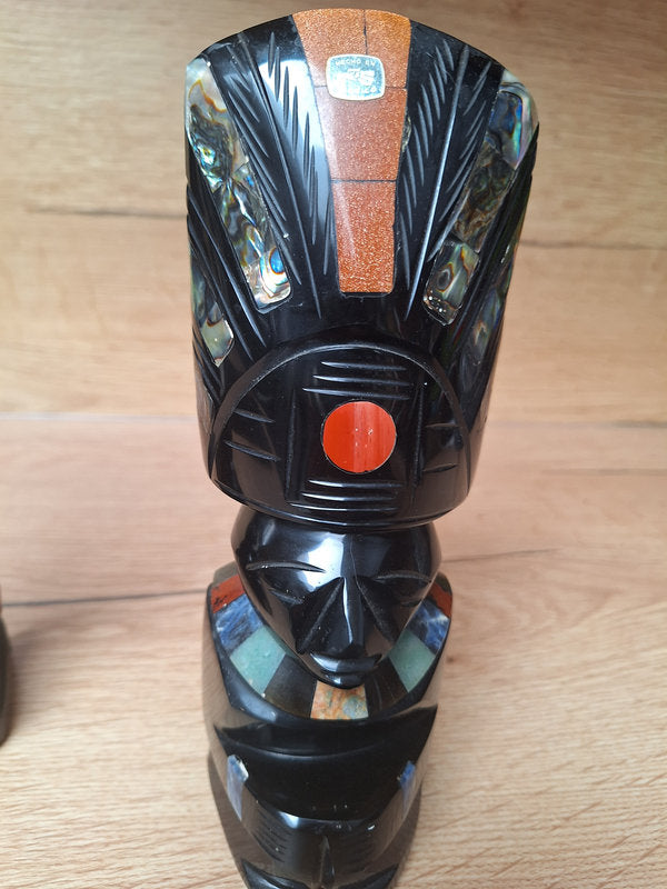 Duo Soleil & Lune en obsidienne – Sculptures mexicaines – Teotihuacán – 21 cm