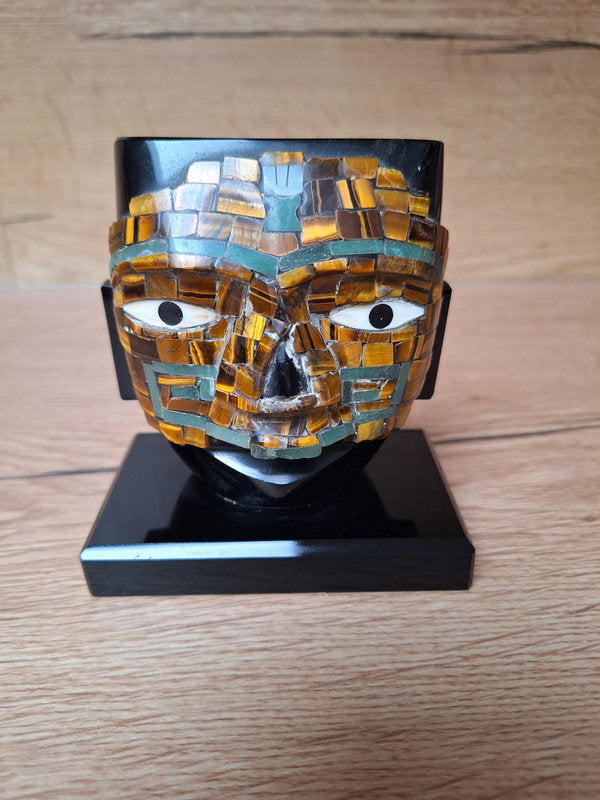 Buste mexicain en obsidienne & mosaïque de pierres – Style Mixtèque/Aztèque