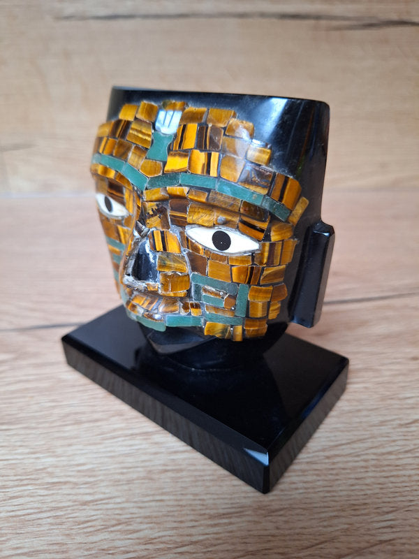 Buste mexicain en obsidienne & mosaïque de pierres – Style Mixtèque/Aztèque