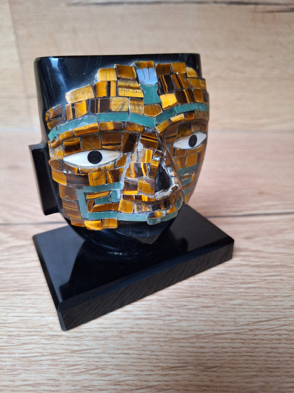 Buste mexicain en obsidienne & mosaïque de pierres – Style Mixtèque/Aztèque