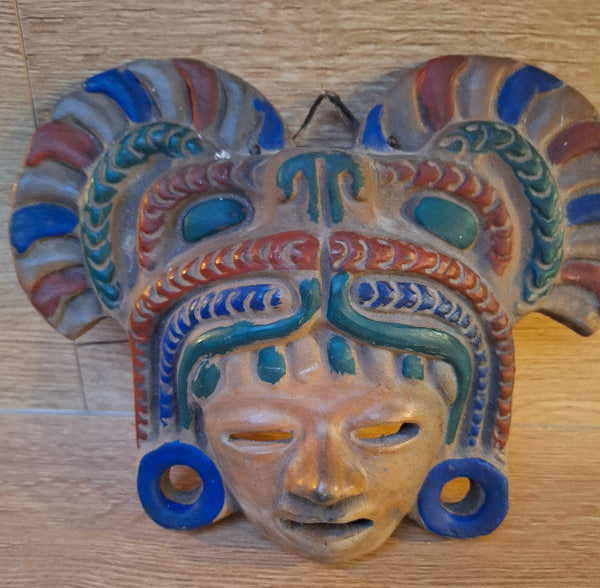 Masque mural mexicain vintage en terre cuite, style maya multicolore, décoration ethnique artisanale
