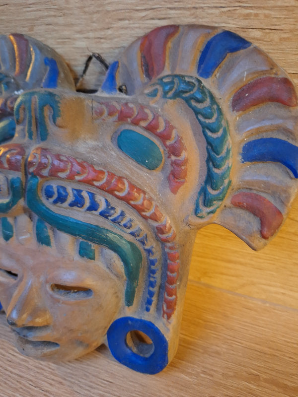 Masque mural mexicain vintage en terre cuite, style maya multicolore, décoration ethnique artisanale