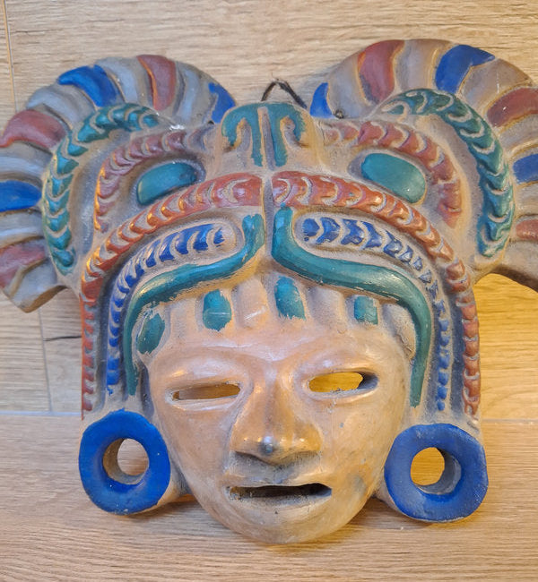 Masque mural mexicain vintage en terre cuite, style maya multicolore, décoration ethnique artisanale