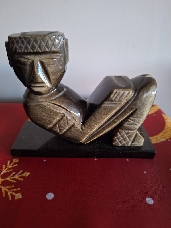 Chac Mool en Obsidienne et Mosaïque de Pierres – Sculpture Précolombienne Mexique 16 cm