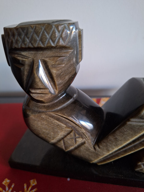 Chac Mool en Obsidienne et Mosaïque de Pierres – Sculpture Précolombienne Mexique 16 cm