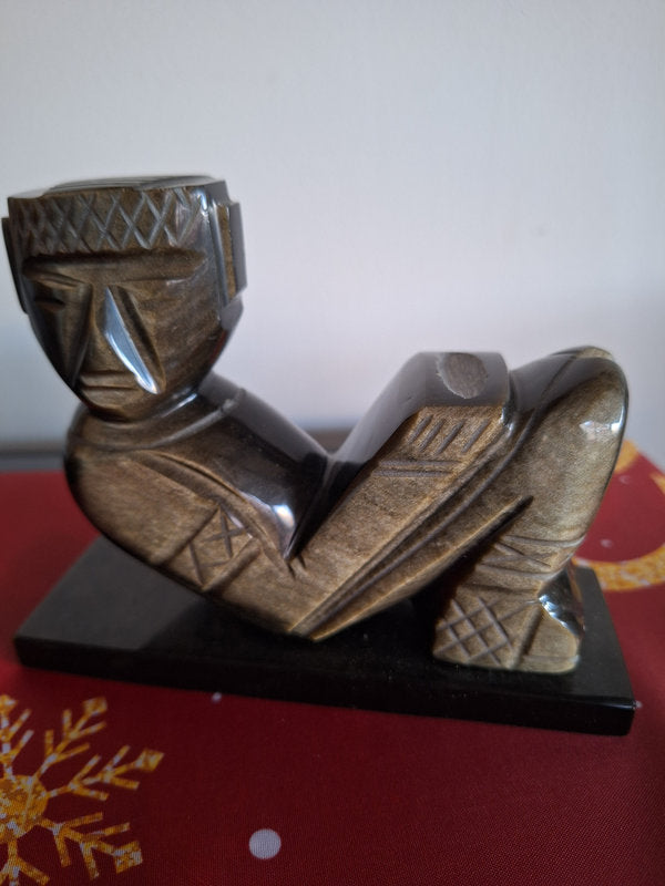 Chac Mool en Obsidienne et Mosaïque de Pierres – Sculpture Précolombienne Mexique 16 cm