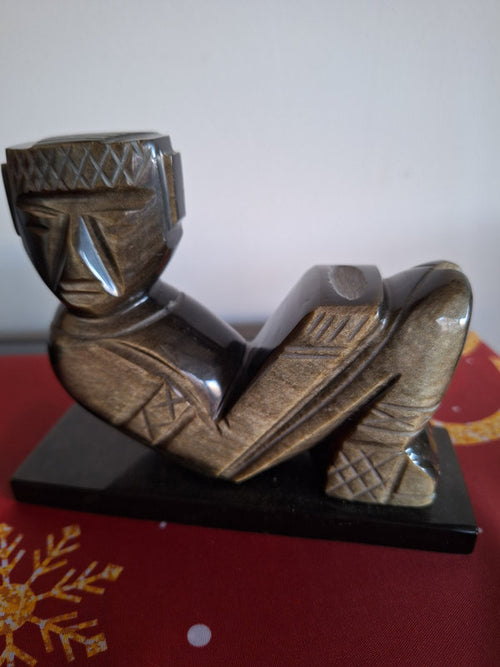 Chac Mool en Obsidienne et Mosaïque de Pierres – Sculpture Précolombienne Mexique 16 cm