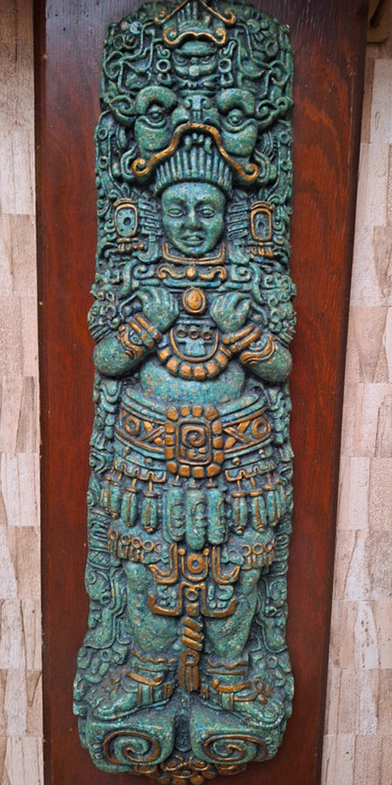 Grand Relief Maya en Malachite – Arte Azteca – Art Mexicain Vintage