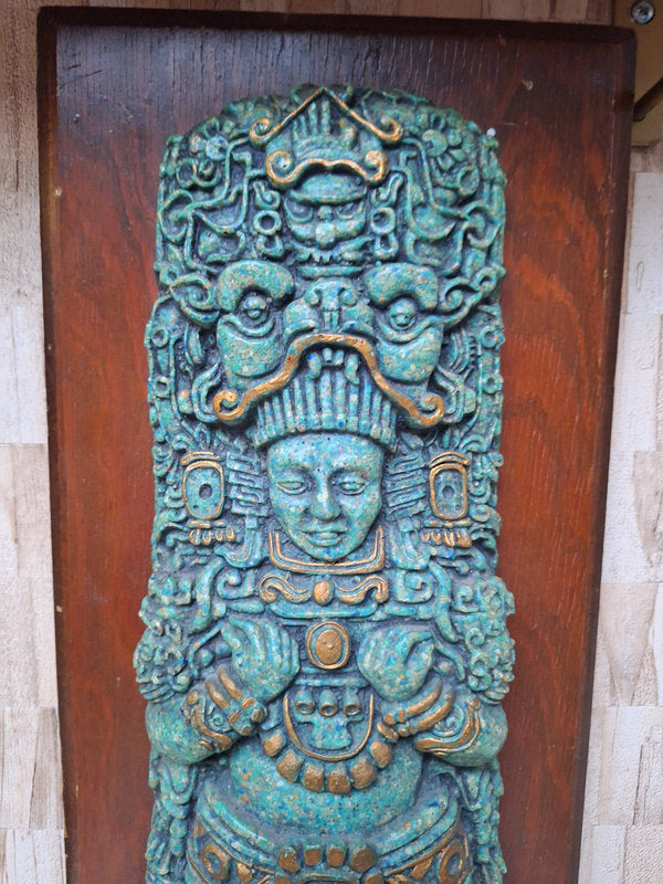 Grand Relief Maya en Malachite – Arte Azteca – Art Mexicain Vintage