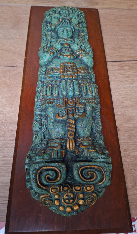 Grand Relief Maya en Malachite – Arte Azteca – Art Mexicain Vintage