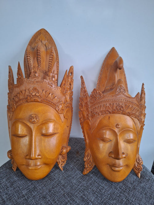 Couple Royal Balinais Rama & Sita (Shinta) – Masques Bois Sculptés Main – Art du Ramayana – Dorures et Polychromie – Vintage Bali