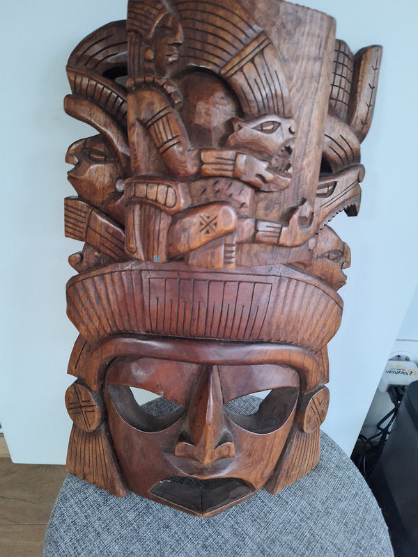 Grand masque mexicain en bois sculpté – Coiffe Jaguar cérémonielle – Inspiration Maya & Aztèque – 40 cm