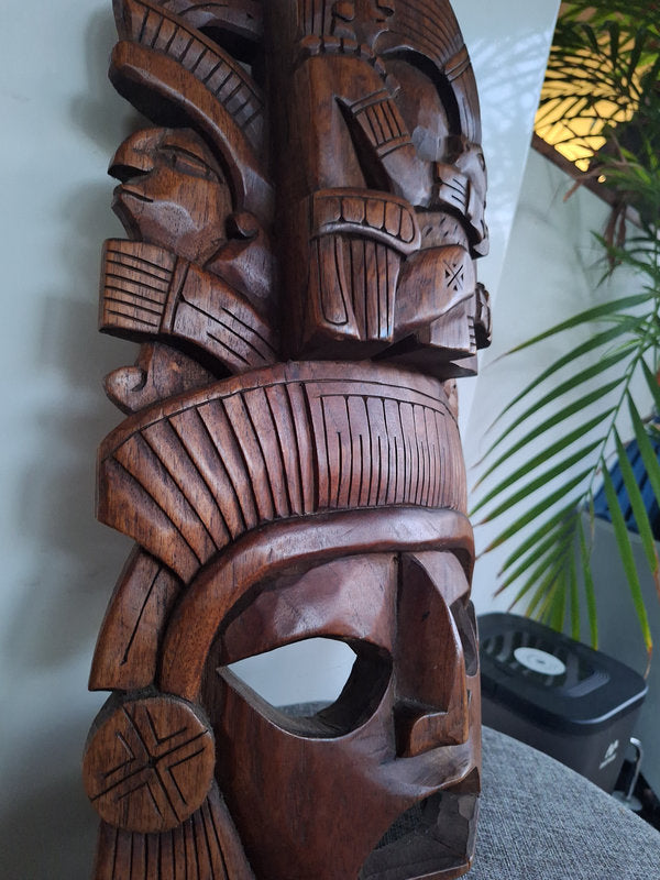 Grand masque mexicain en bois sculpté – Coiffe Jaguar cérémonielle – Inspiration Maya & Aztèque – 40 cm