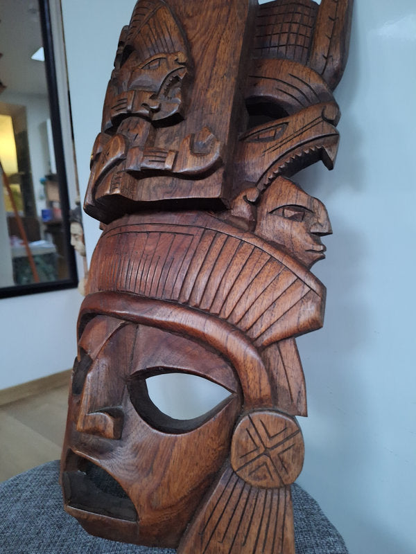 Grand masque mexicain en bois sculpté – Coiffe Jaguar cérémonielle – Inspiration Maya & Aztèque – 40 cm