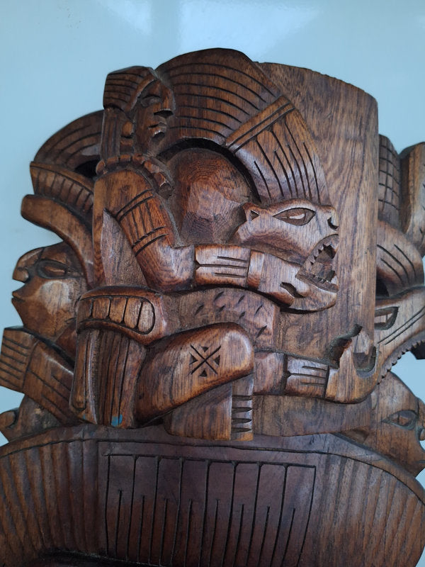 Grand masque mexicain en bois sculpté – Coiffe Jaguar cérémonielle – Inspiration Maya & Aztèque – 40 cm
