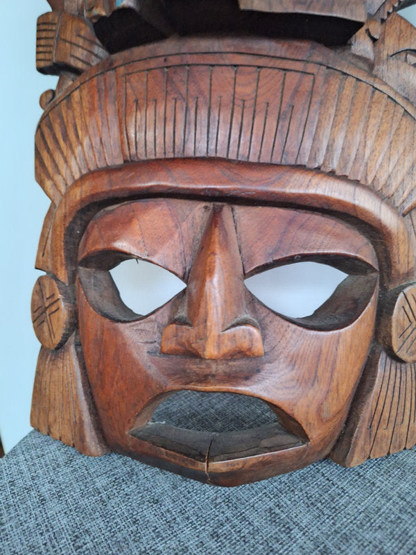 Grand masque mexicain en bois sculpté – Coiffe Jaguar cérémonielle – Inspiration Maya & Aztèque – 40 cm